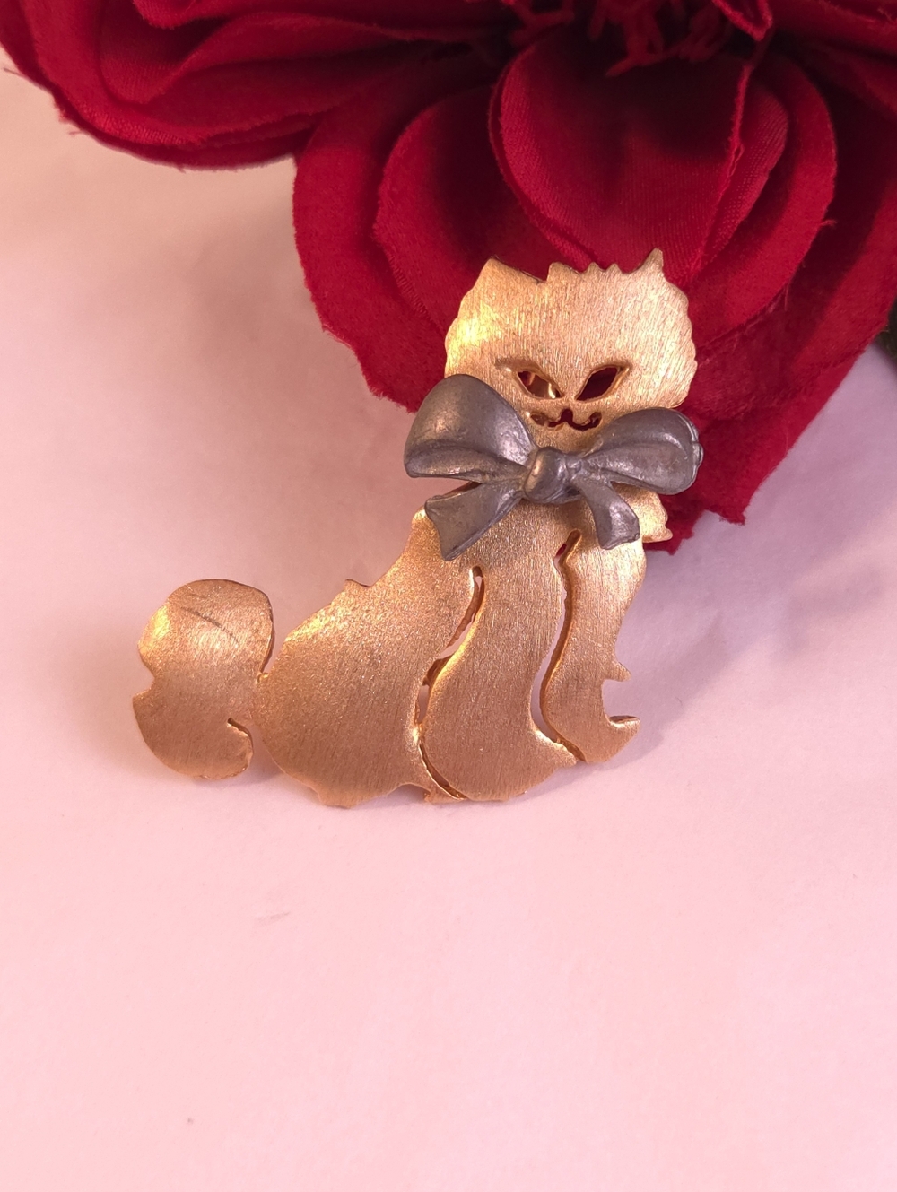 Vintage Ultra Craft Brush Gold Cat with Silver Bow Brooch Signed Ultra Craft